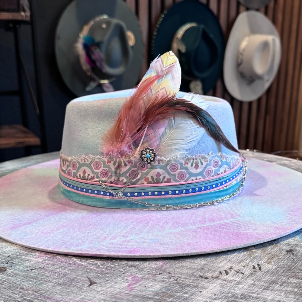 The Maisie- Pastel Blue and PInk Hand Painted Felt Hat Design